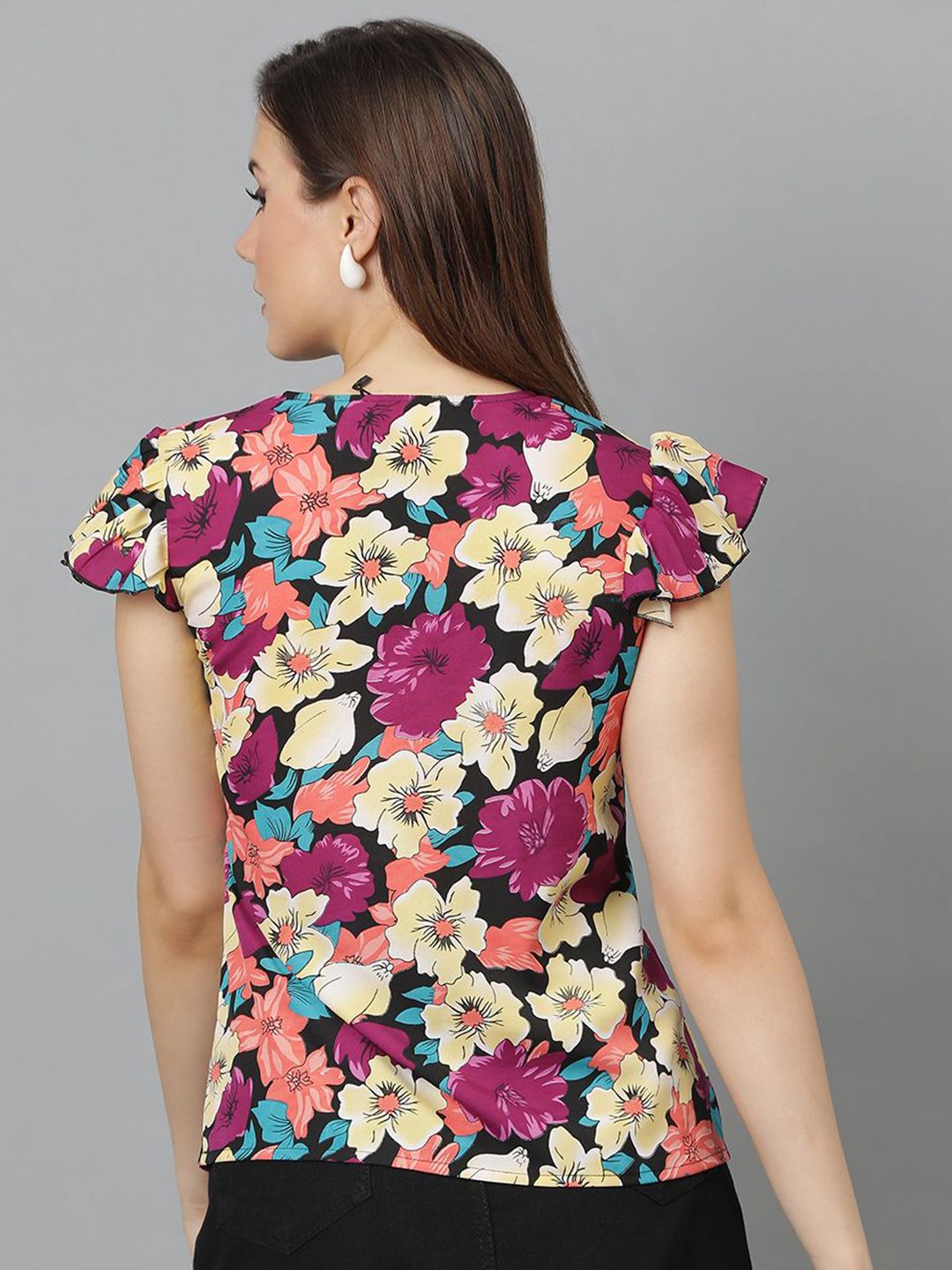 Kotty Floral Print Flutter Sleeve Crepe Wrap Top