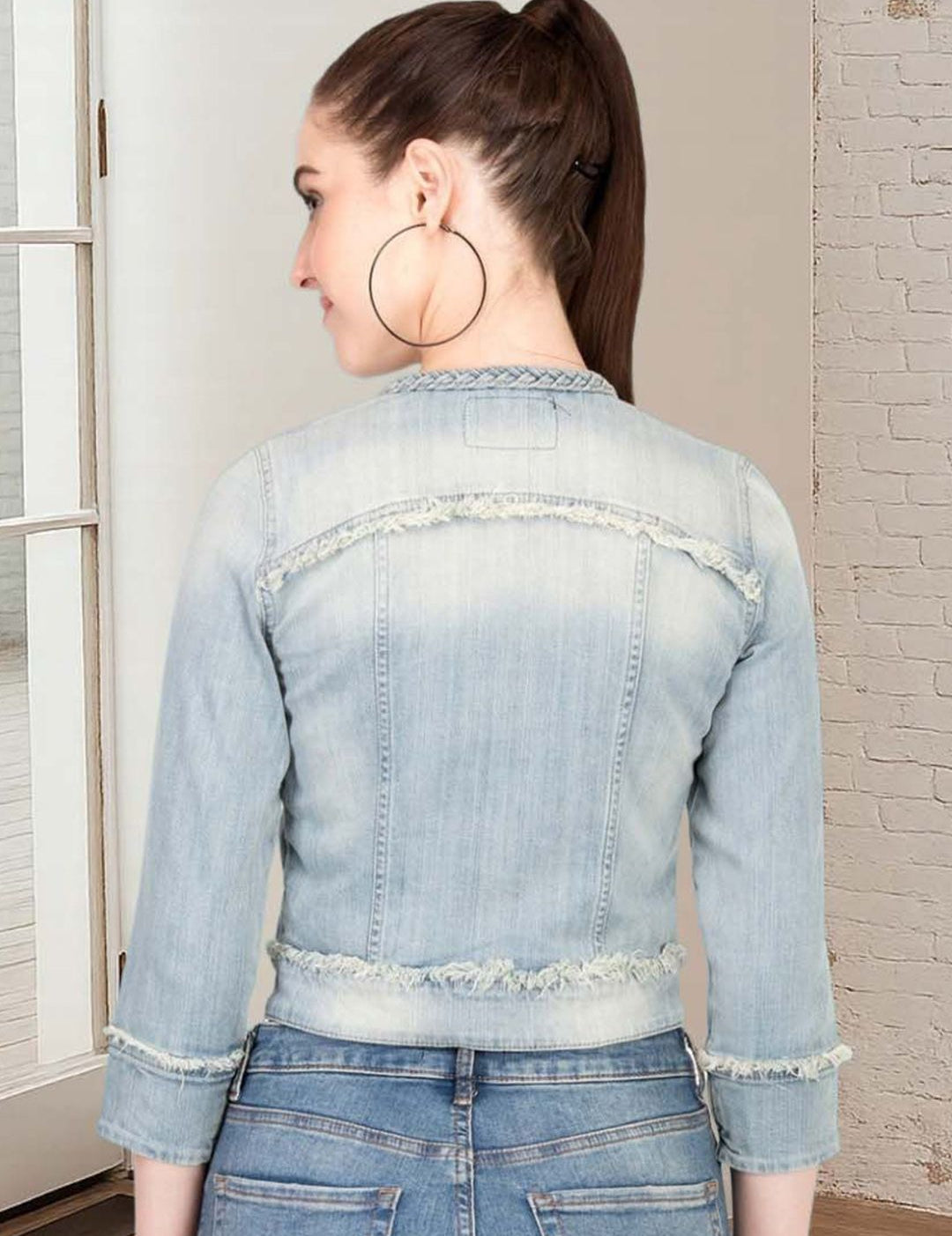 Kotty Women Collarless Solid Denim Jacket