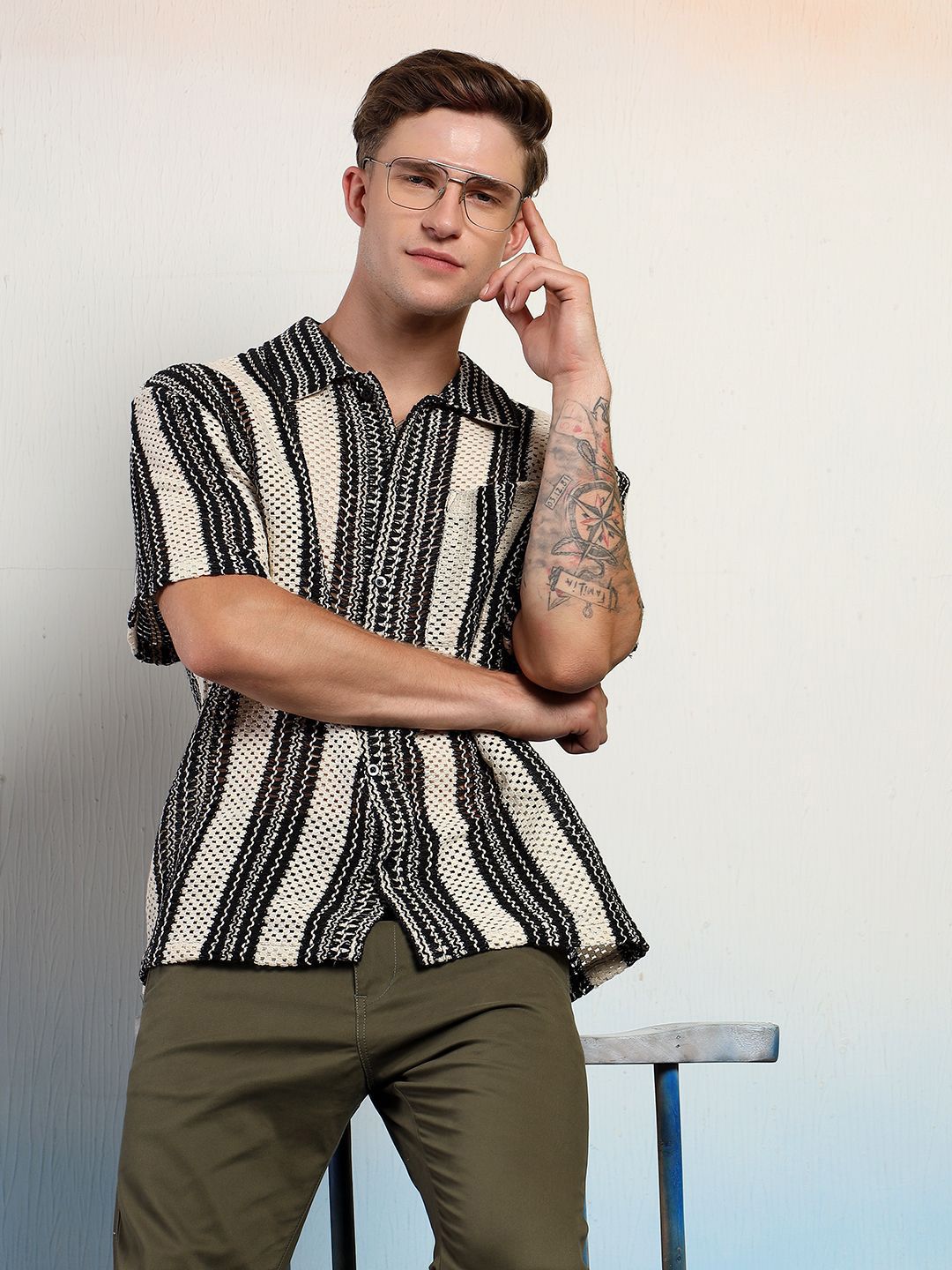 Kotty Men Vertical Stripes Self Design Cotton Sheer Casual Shirt