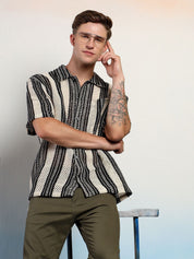 Kotty Men Vertical Stripes Self Design Cotton Sheer Casual Shirt