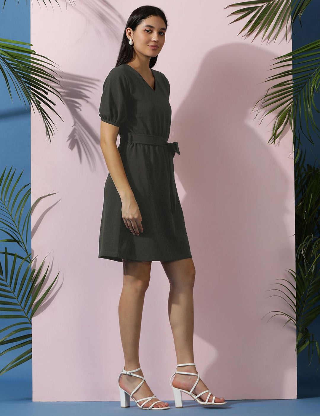 Kotty Women Solid Puff Sleeve A-Line Dress