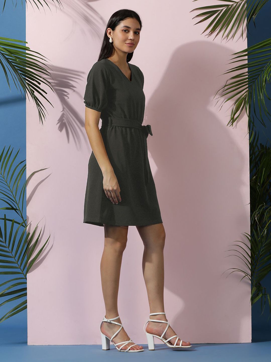 Kotty Women Solid Puff Sleeve A-Line Dress