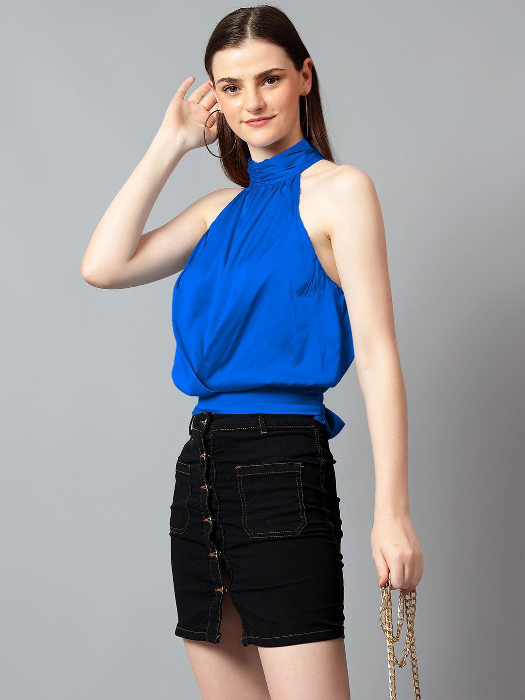 Kotty Women Solid Halter Neck Satin Top