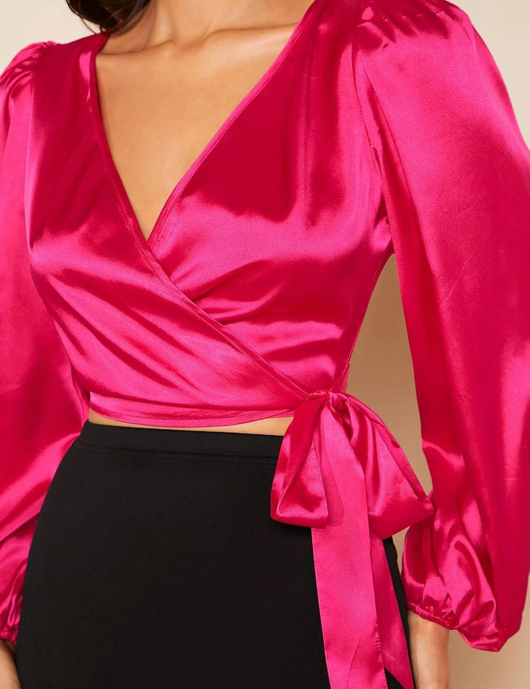 Kotty Women Bishop Sleeves Satin Wrap Top