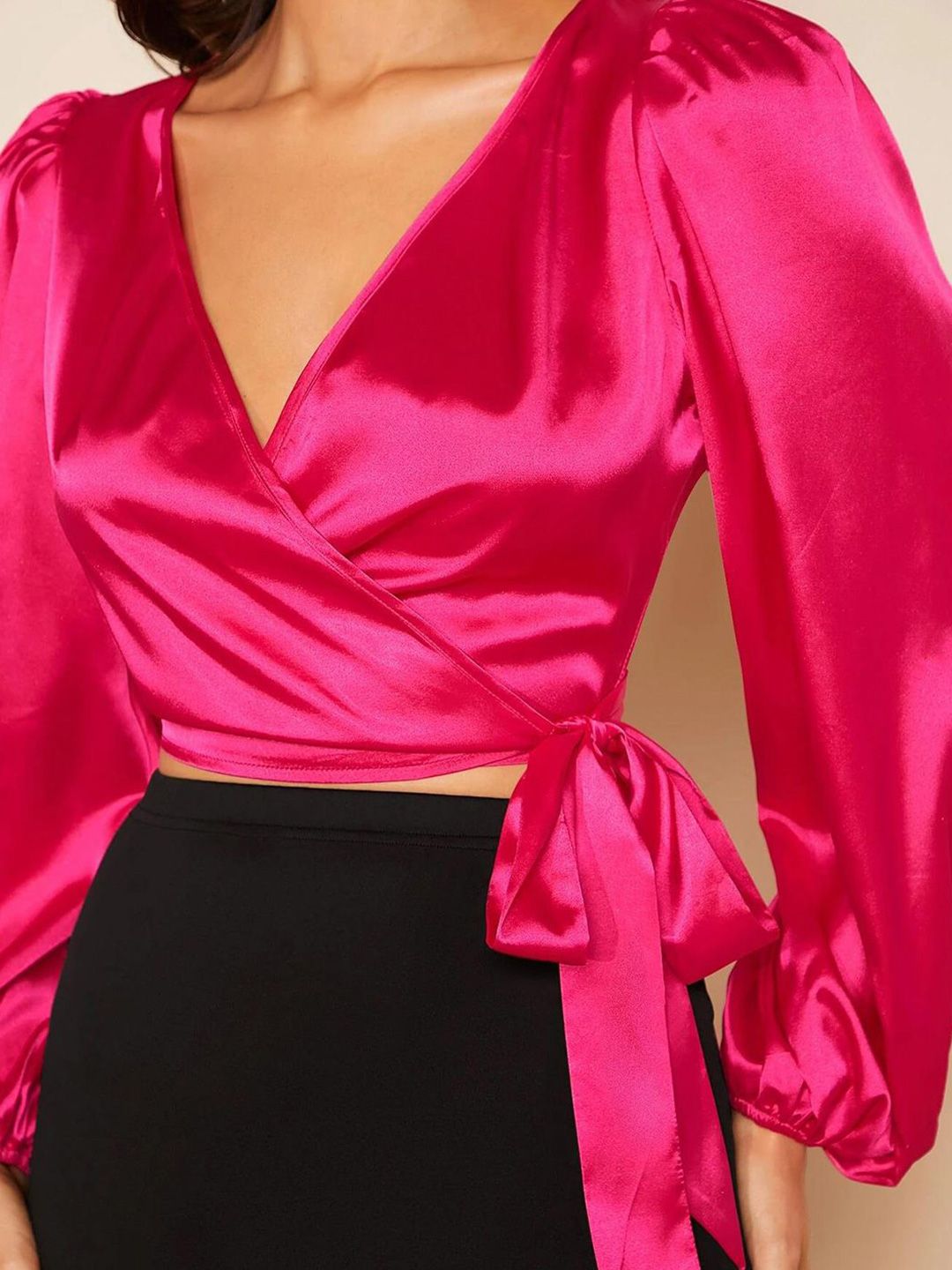 Kotty Women Bishop Sleeves Satin Wrap Top