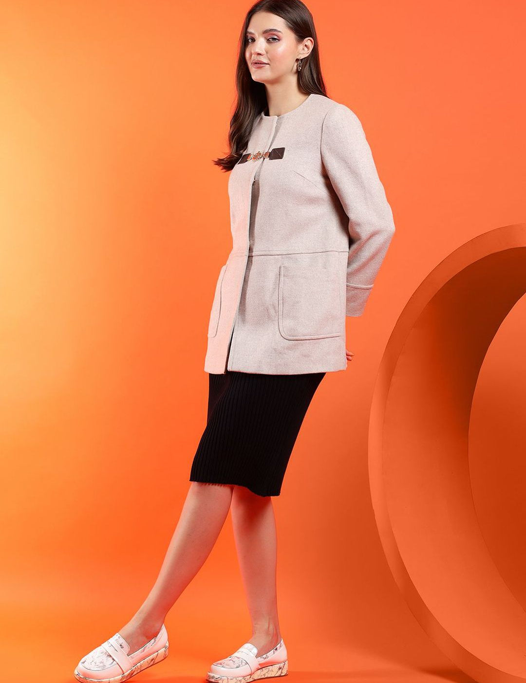 Kotty Women Solid Overcoat with Buckle Detail