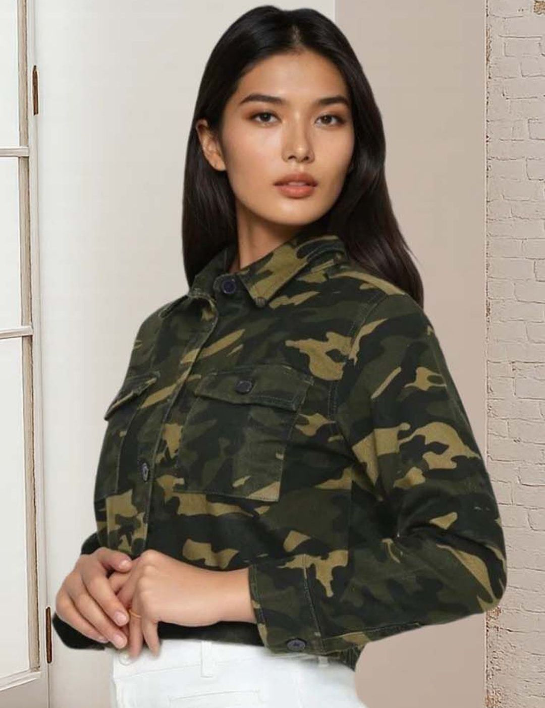 Kotty Women Spread Collar Camouflage Print Jacket