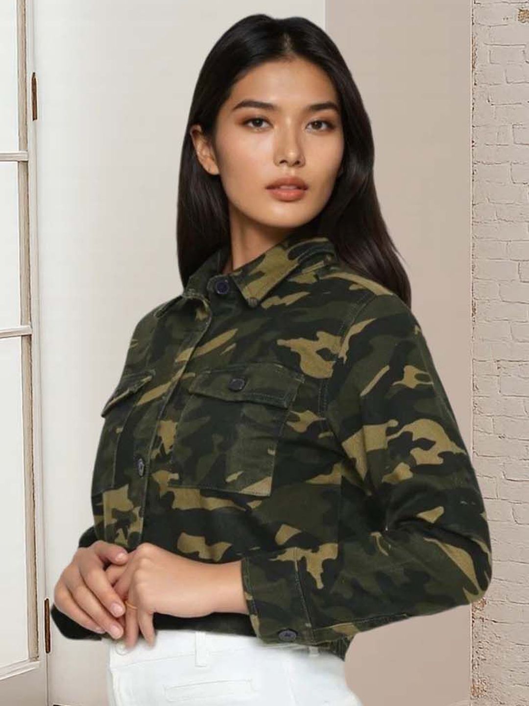 Kotty Women Spread Collar Camouflage Print Jacket