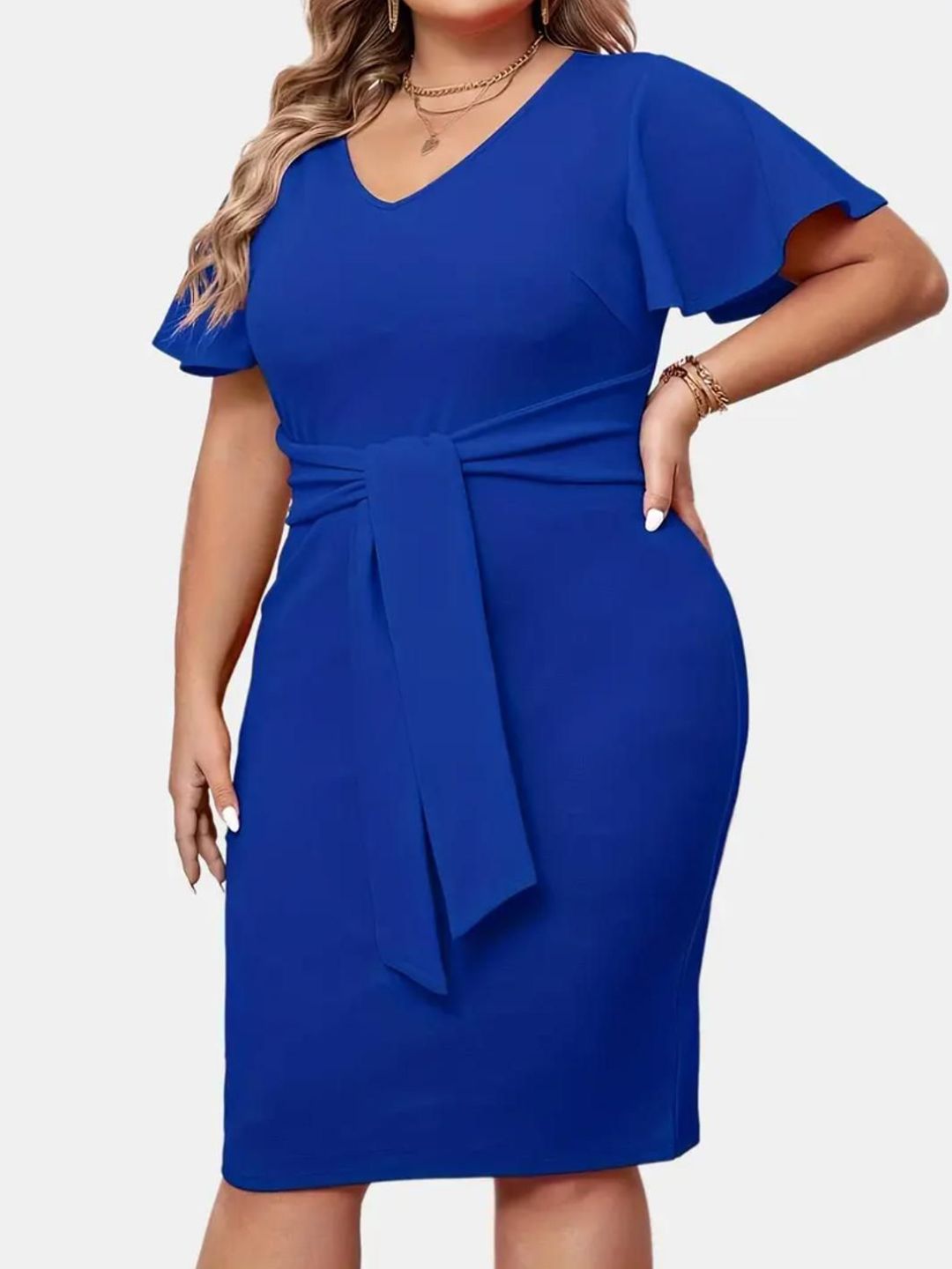 CURVE BY KOTTY Women V-Neck Plus Size Bodycon Knee Length Dress