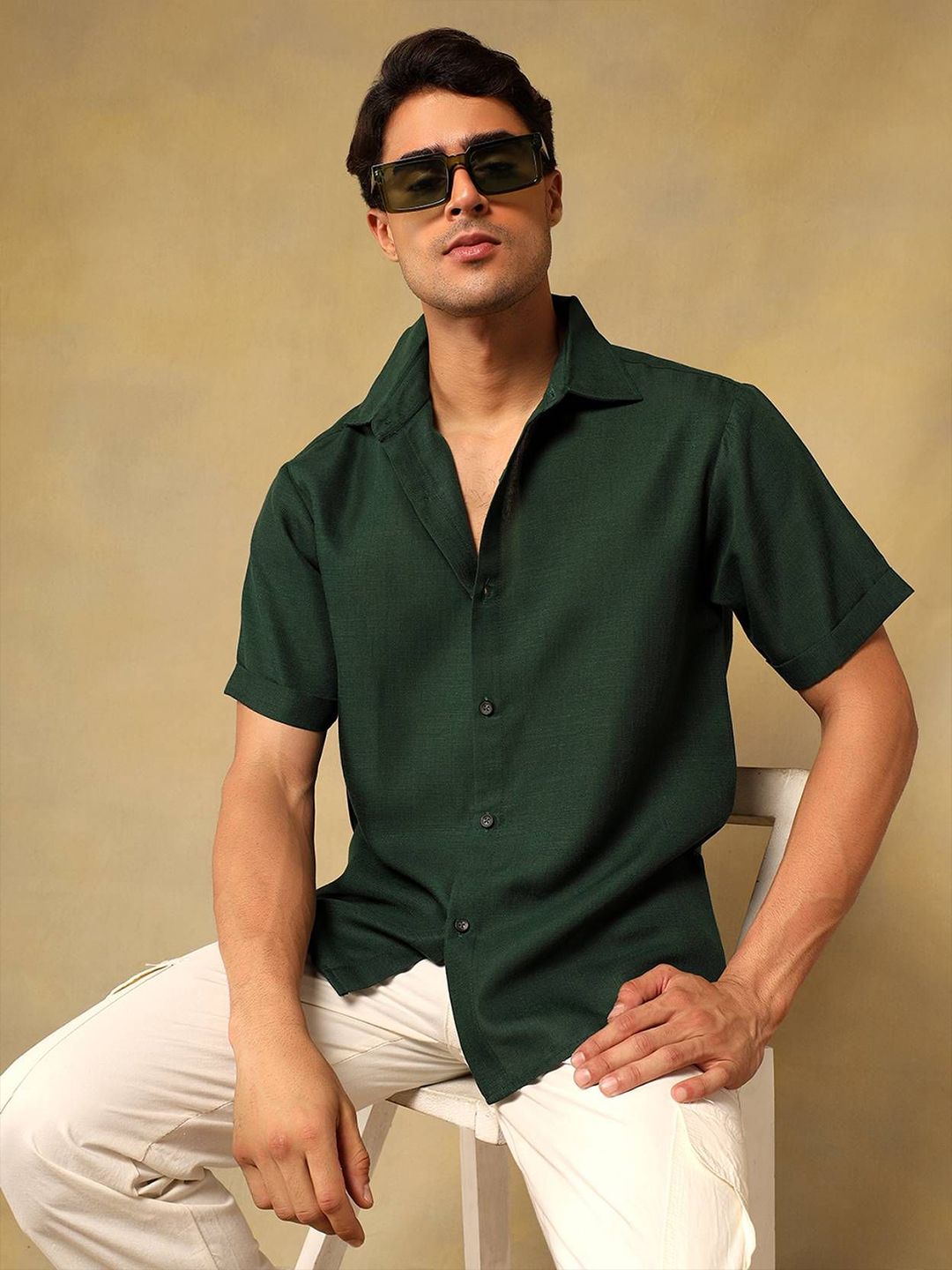 Kotty Men Comfort Fit Solid Spread Collar Linen Casual Shirt