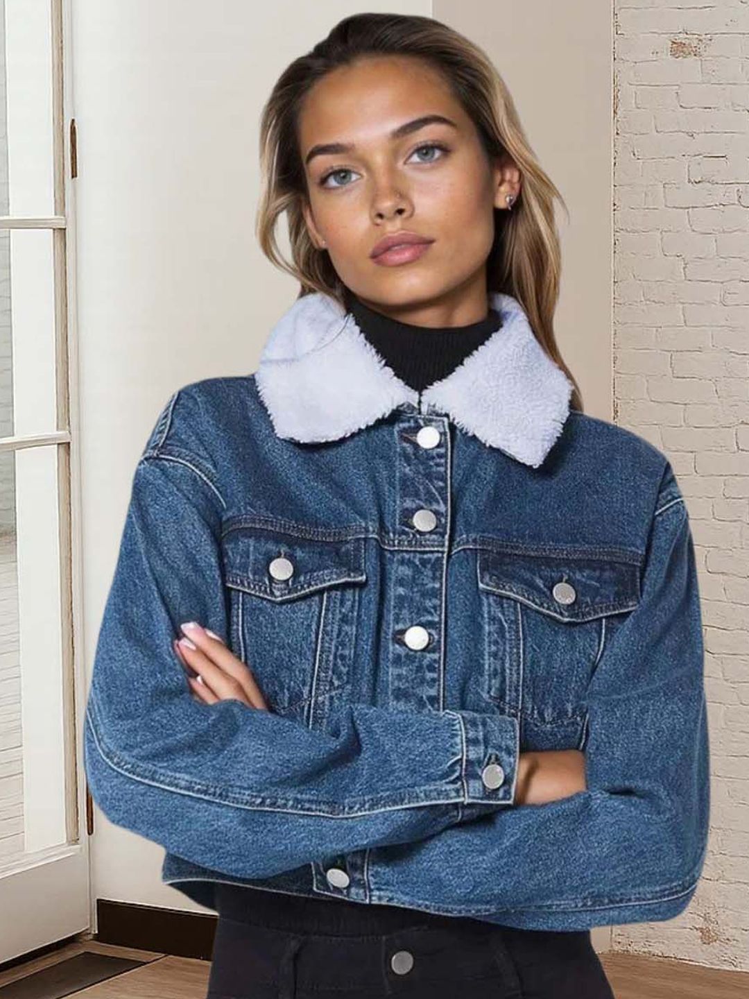 Kotty Women Spread Collar Solid Denim Jacket