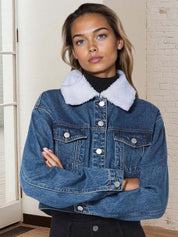 Kotty Women Spread Collar Solid Denim Jacket