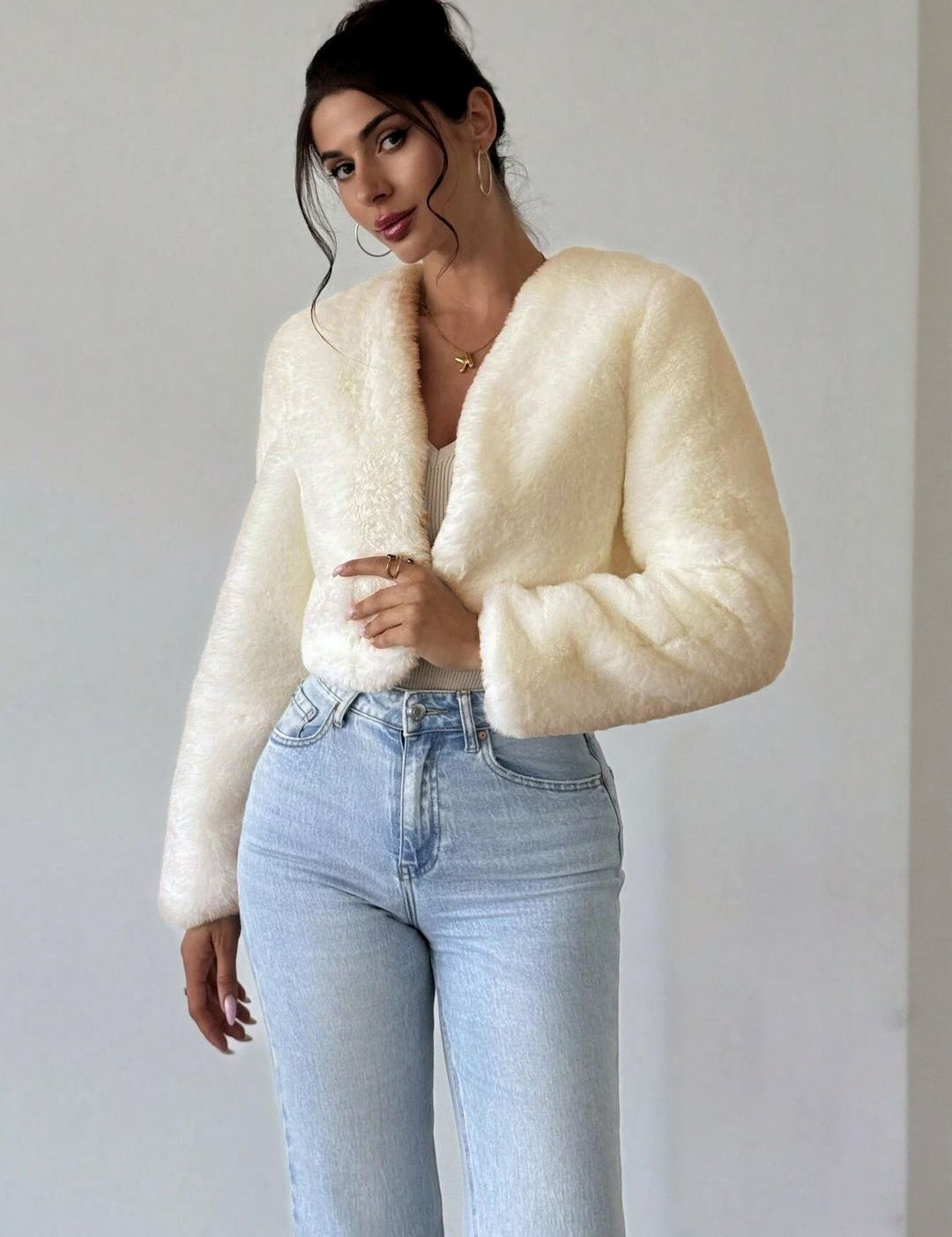 Kotty Women Woollen Crop Open Front Jacket