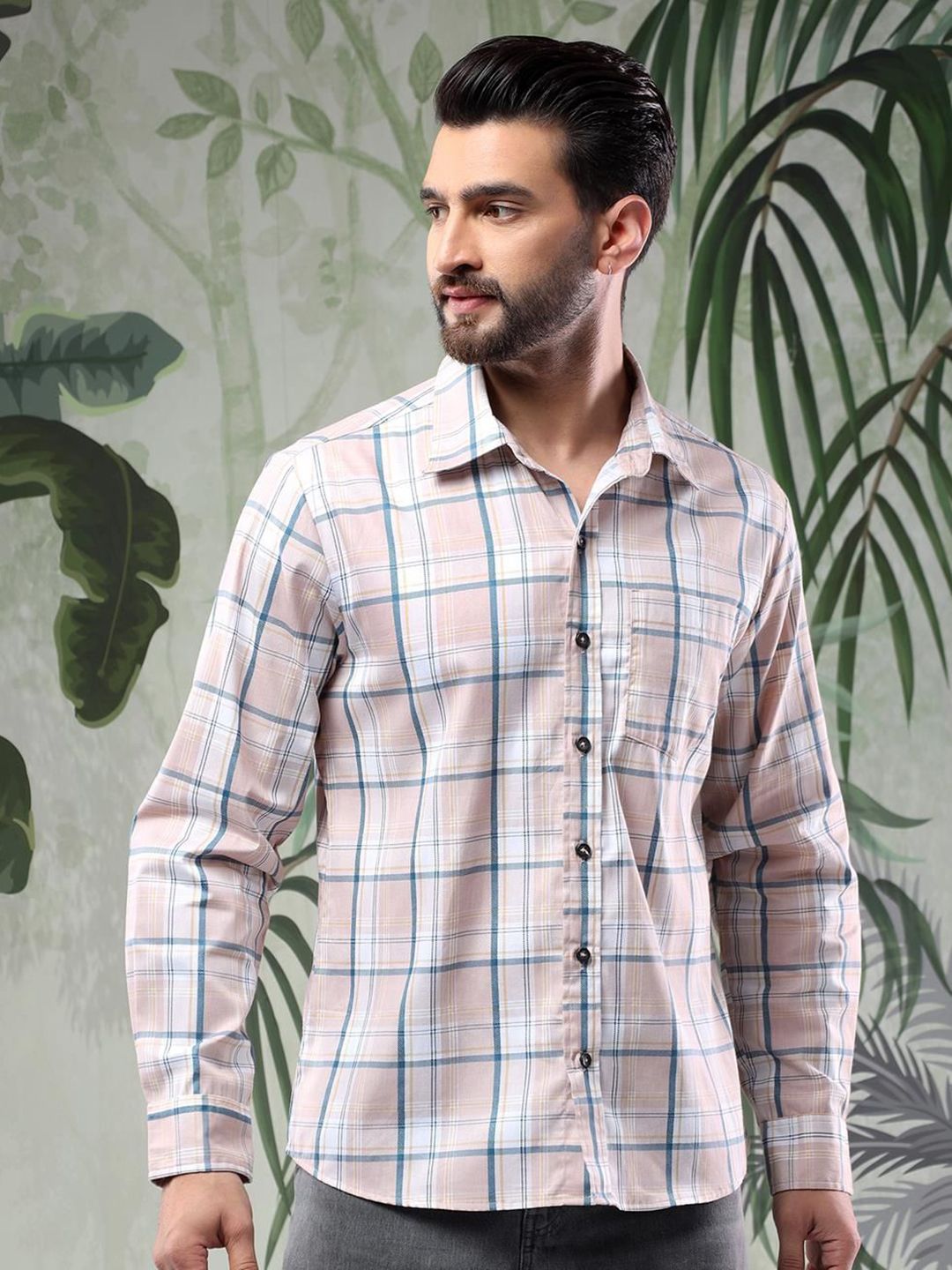 Kotty Men Spread Collar Tartan Checked Casual Shirt