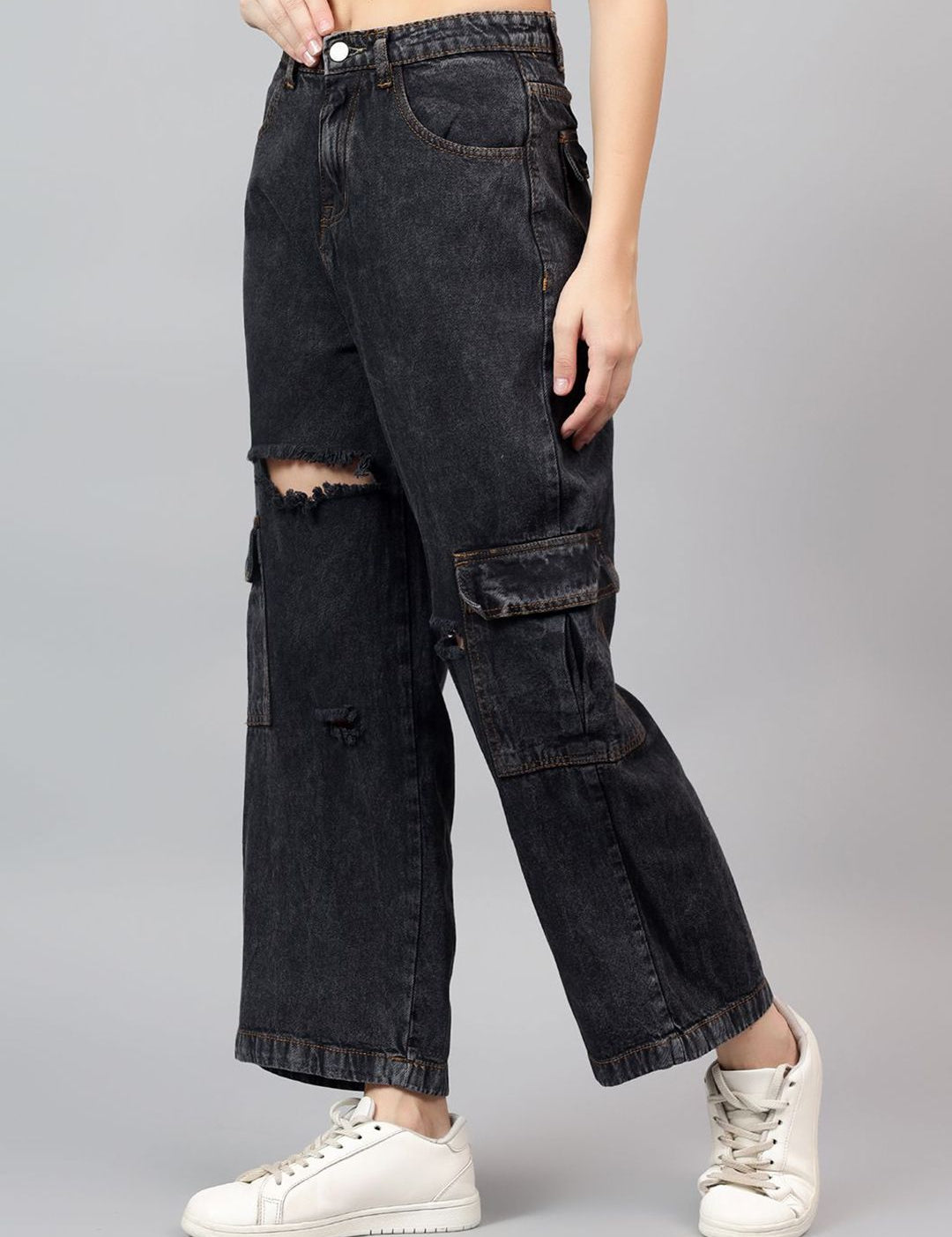 Kotty Women Straight Fit High-Rise Low Distress Stretchable Cargo Jeans