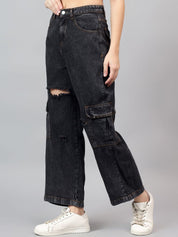 Kotty Women Straight Fit High-Rise Low Distress Stretchable Cargo Jeans