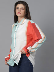 Kotty Women Spread Collar Colourblocked Cotton Oversized Casual Shirt