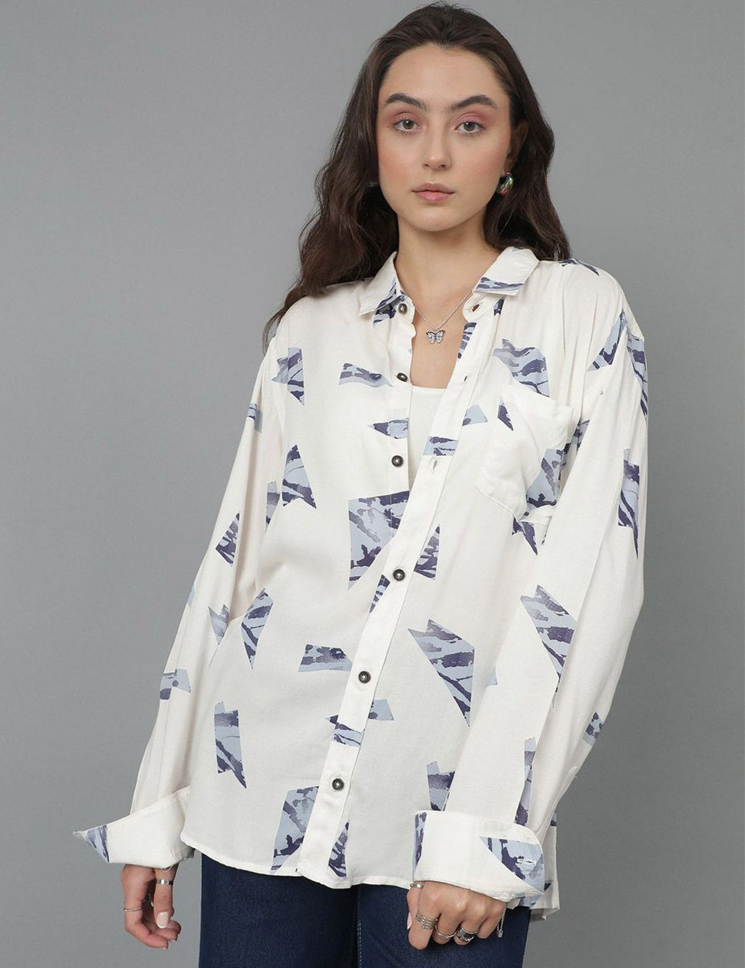 Kotty Women Spread Collar Conversational Printed Cotton Oversized Casual Shirt