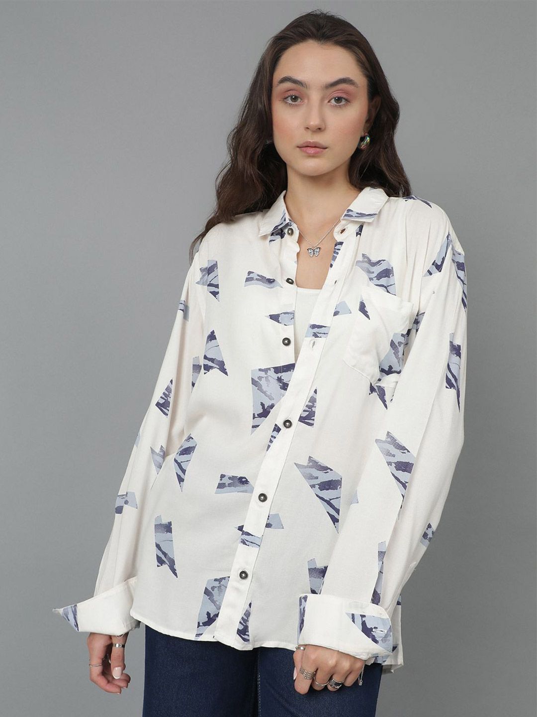 Kotty Women Spread Collar Conversational Printed Cotton Oversized Casual Shirt