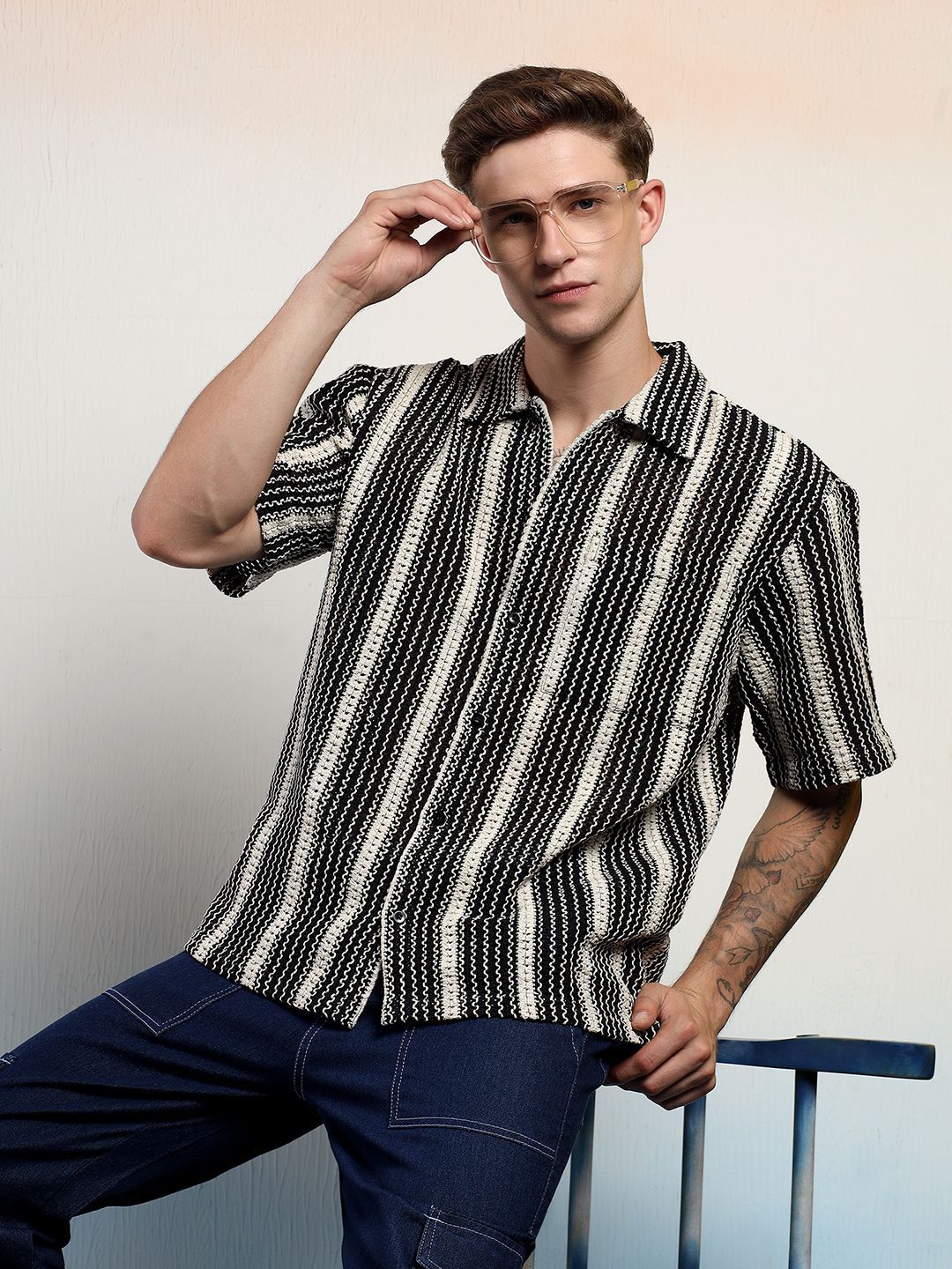 Kotty Men Monochrome Striped Cotton Shirt