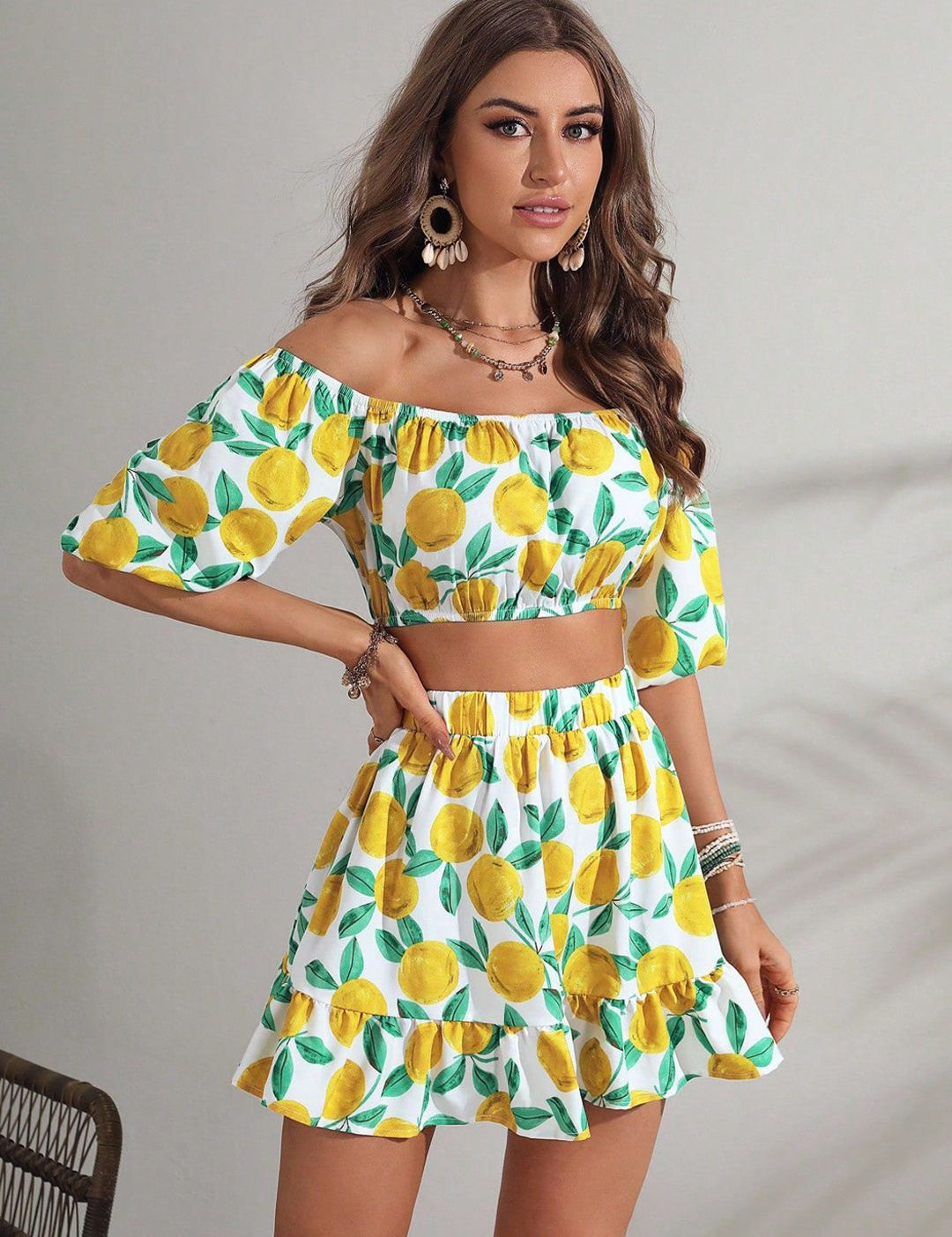 Kotty White & Yellow Printed Off-Shoulder Crop Top With Skirt