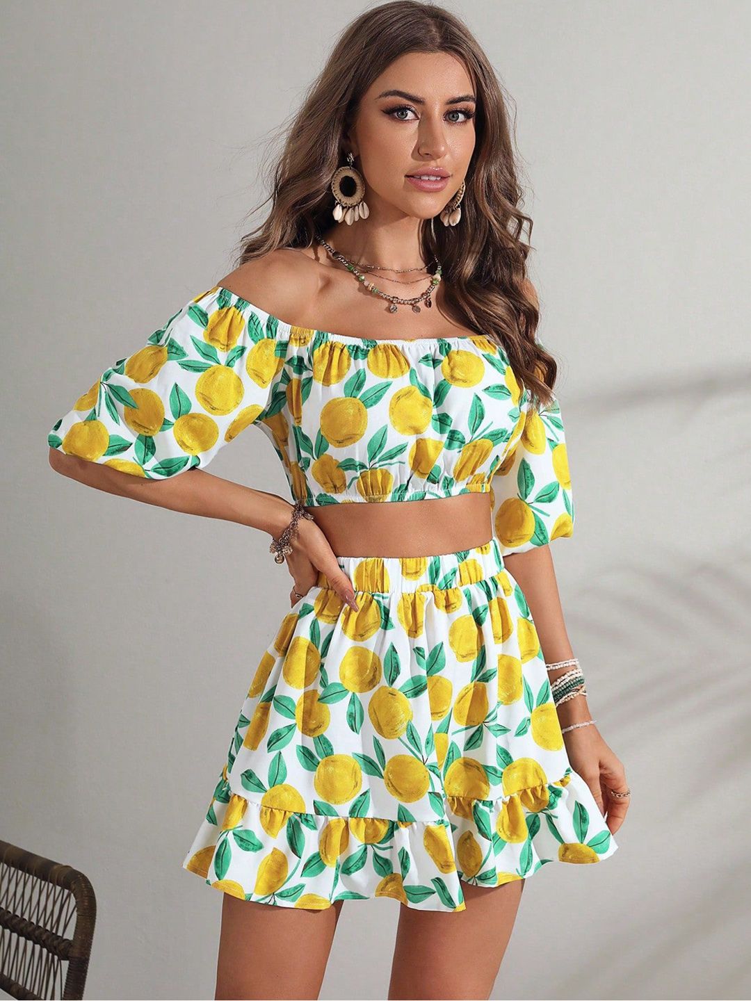 Kotty White & Yellow Printed Off-Shoulder Crop Top With Skirt