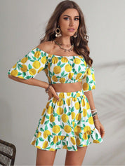 Kotty White & Yellow Printed Off-Shoulder Crop Top With Skirt