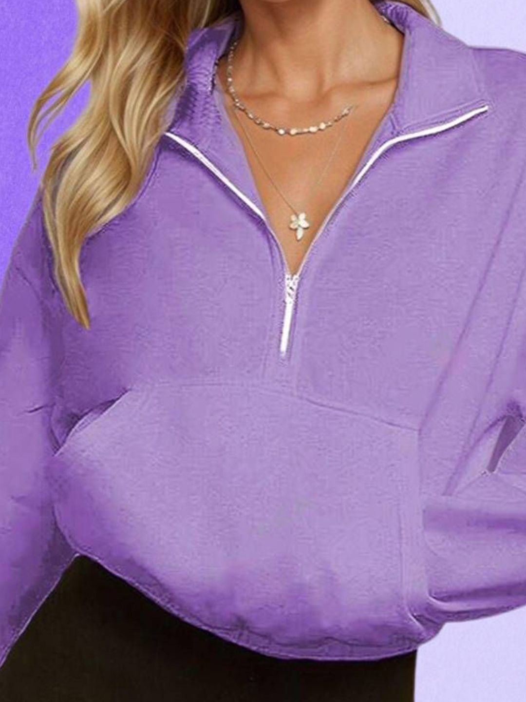 Kotty Women Solid Shirt Collar Full Sleeve Half Zipper Crop Sweatshirt