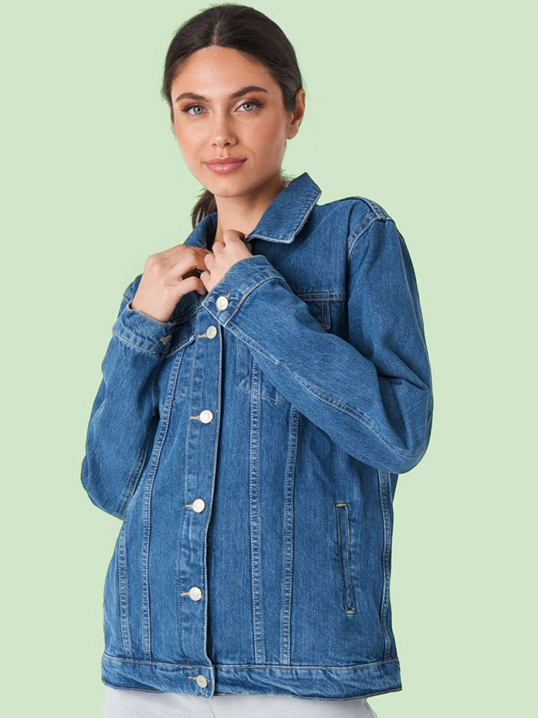 Kotty Women Spread Collar Solid Cotton Casual Denim Jacket