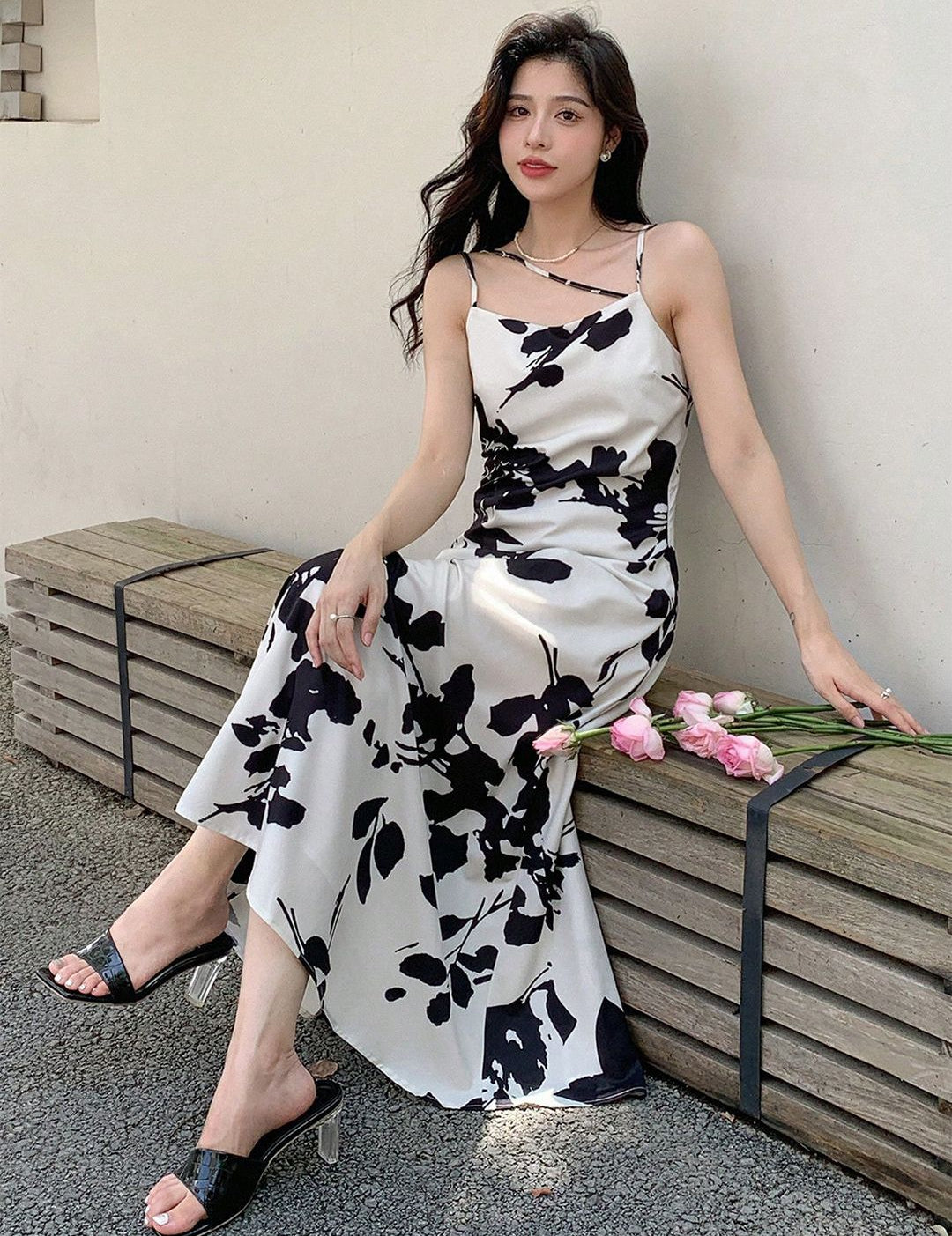 Kotty Abstract Printed Cowl Neck Crepe A-Line Maxi Dress