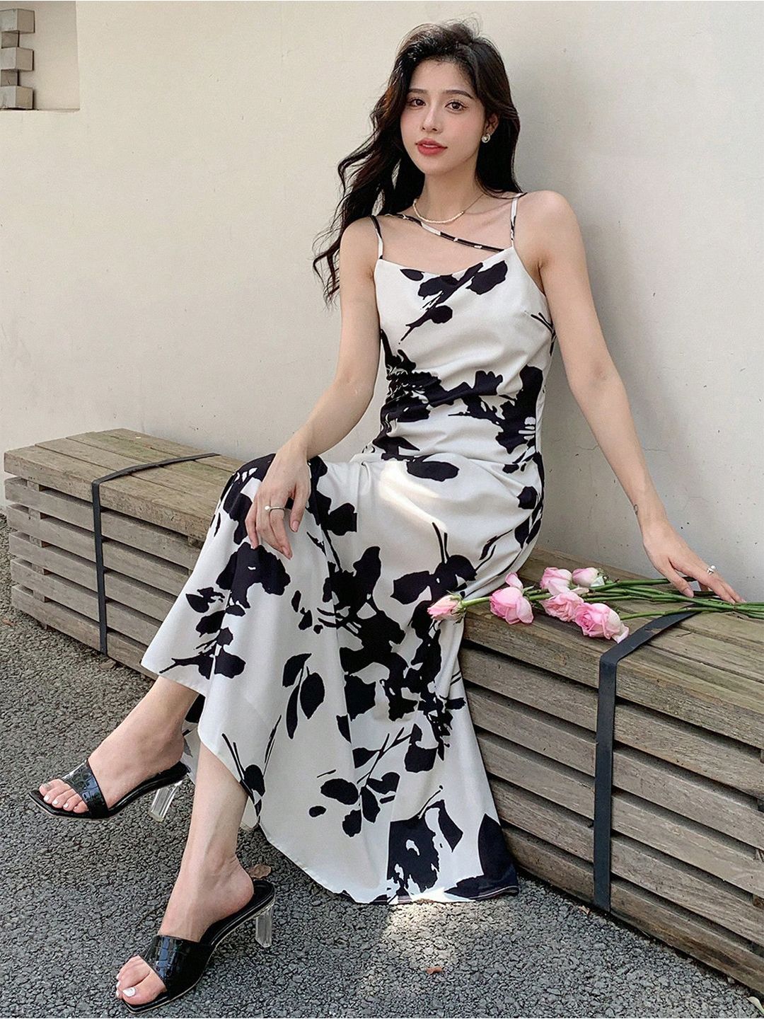 Kotty Abstract Printed Cowl Neck Crepe A-Line Maxi Dress