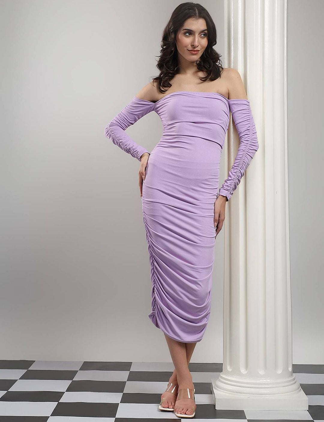 Kotty Women Off-Shoulder Ruched Bodycon Midi Dress