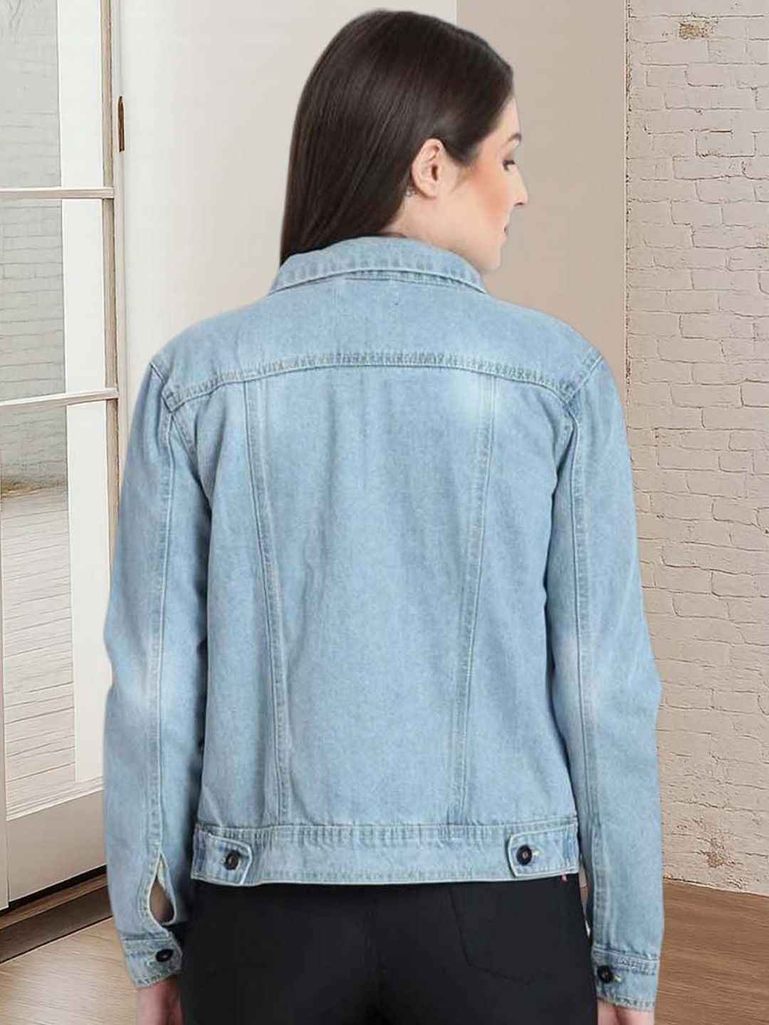 Kotty Women Spread Collar Solid Denim Jacket