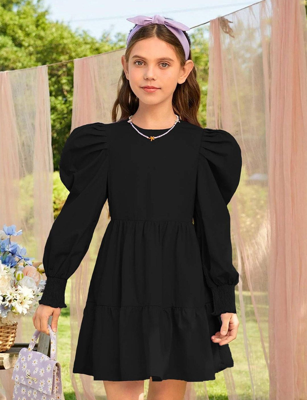 Kotty Girls Puff Sleeves Fit & Flare Dress