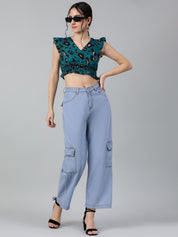 Kotty Floral Print Flutter Sleeve Crepe Crop Top
