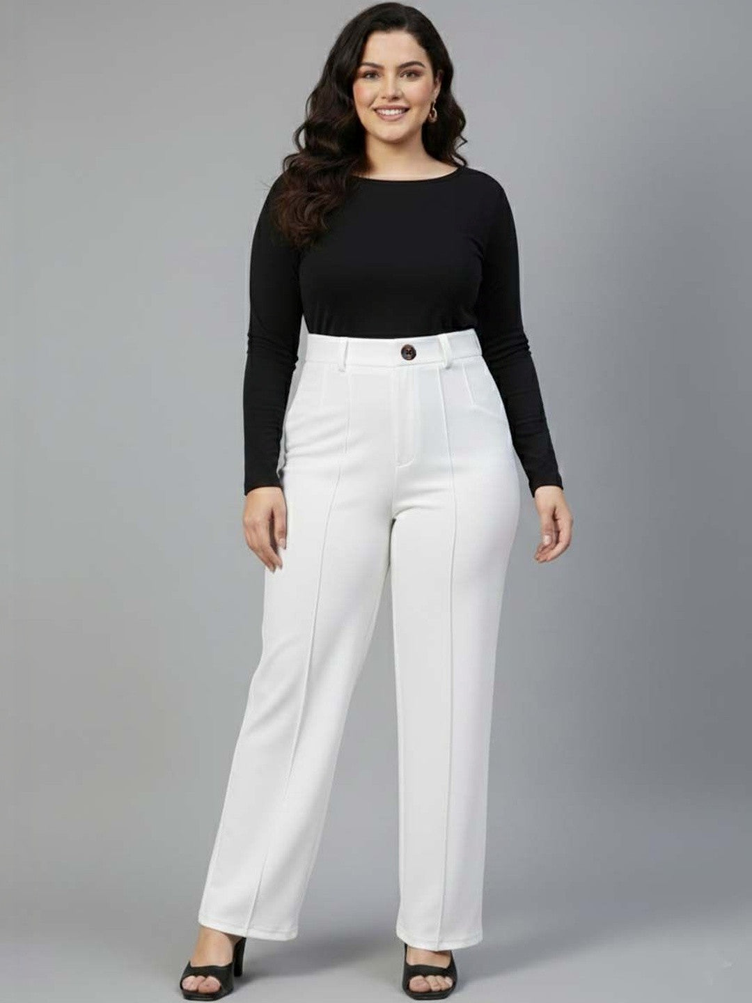 White Regular Fit High-Rise Pants for Women – Everyday Solid Design | Kotty