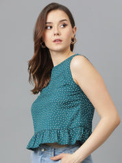 Kotty Geometric Print Crepe Peplum Crop Top