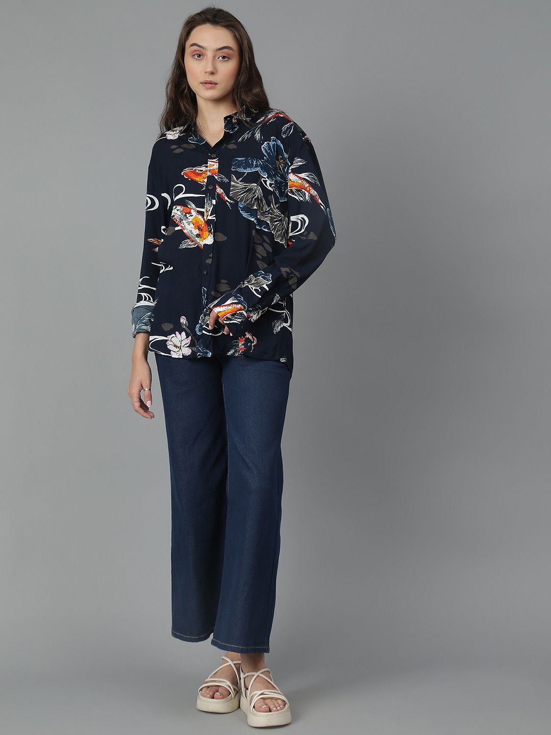 Kotty Women Spread Collar Abstract Printed Cotton Oversized Casual Shirt