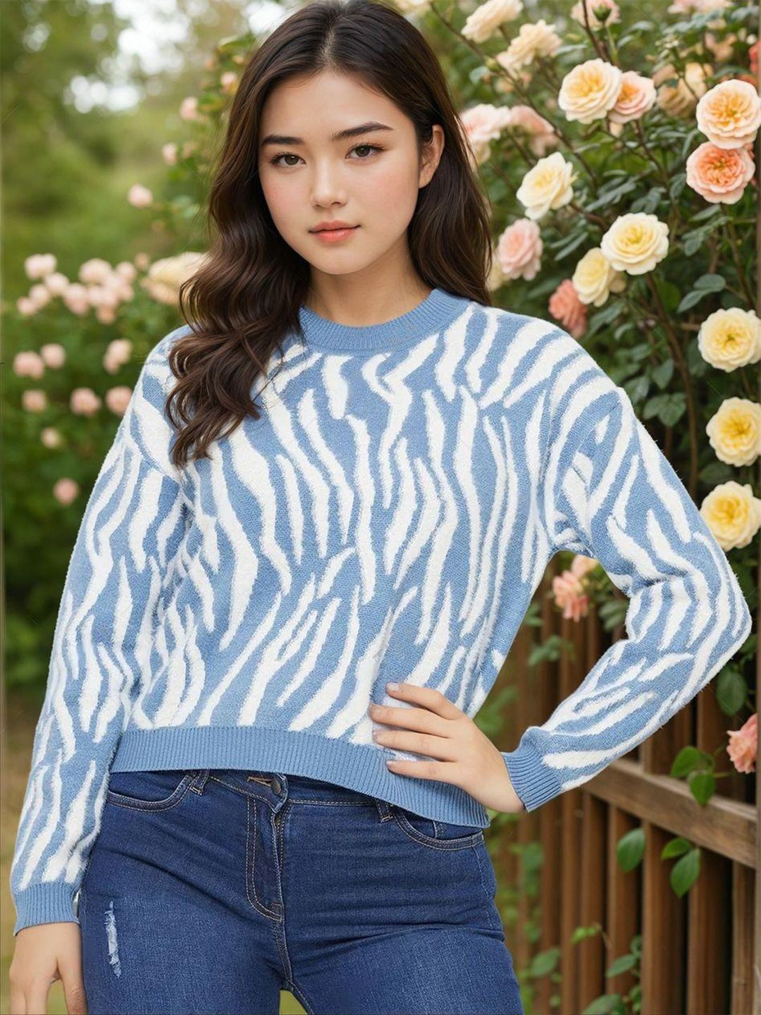 Kotty Women Printed Crop Pullover Sweater