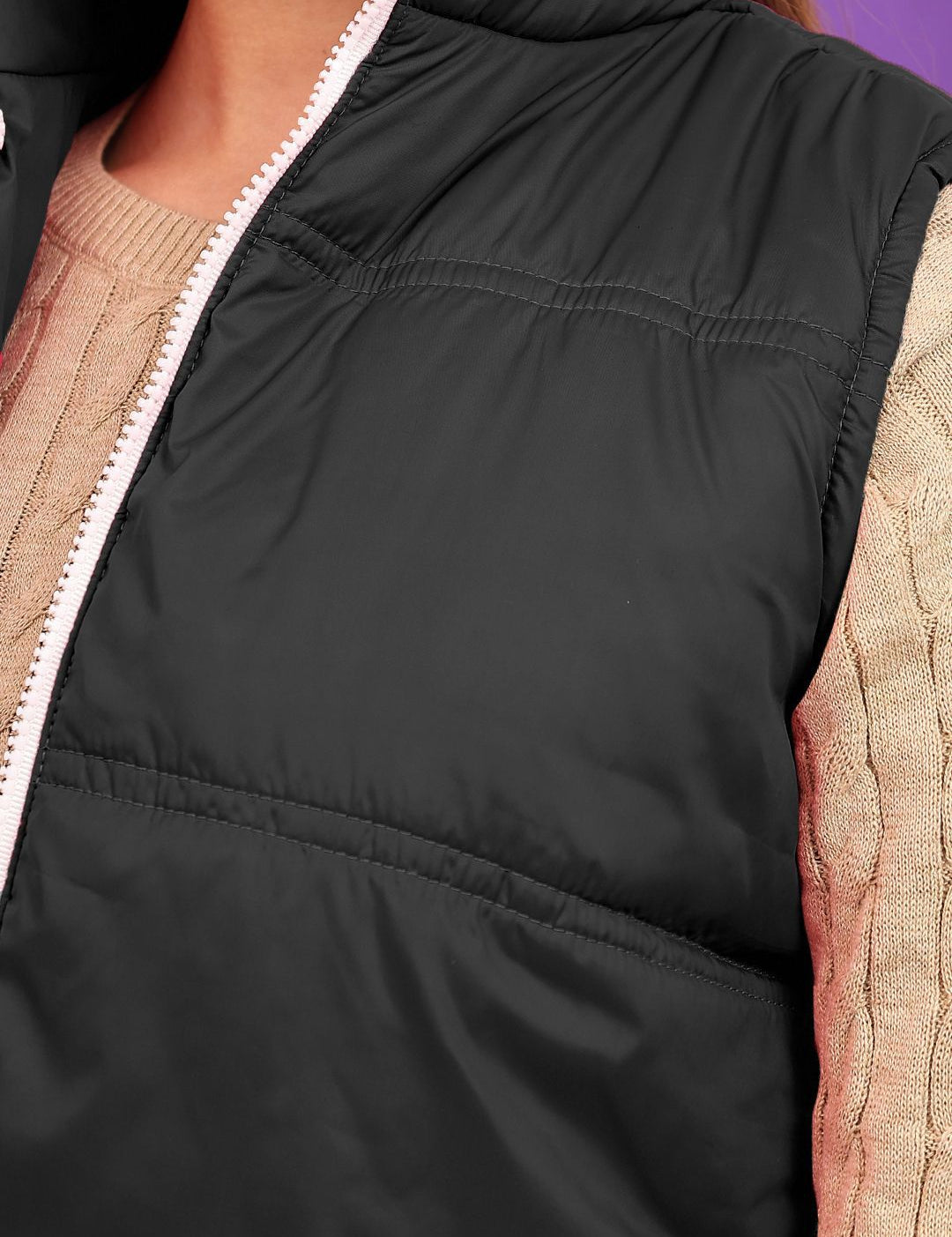 Kotty Women Mock Collar Solid Cotton Insulator Crop Gilet Jacket