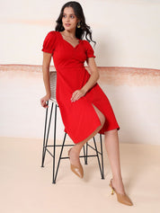 Kotty Women Solid Sweetheart Neck Puff Sleeve A-Line Midi Dress