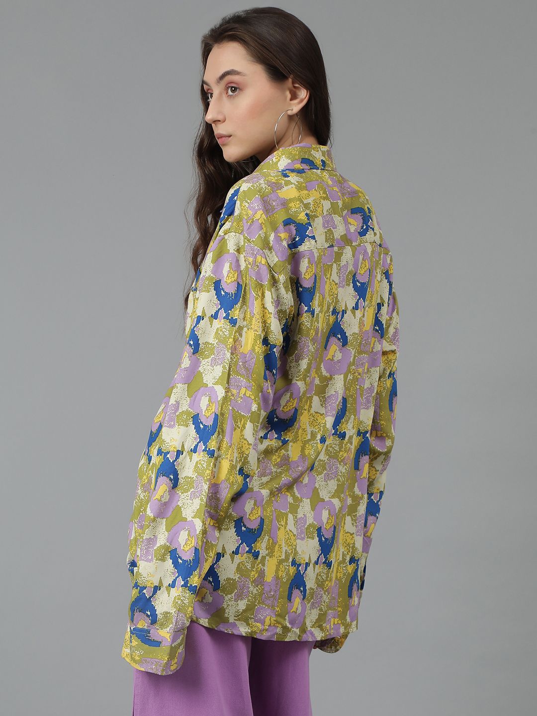 Kotty Women Spread Collar Abstract Printed Cotton Oversized Casual Shirt