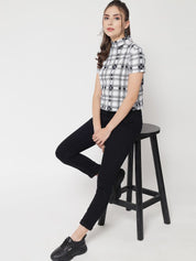 Kotty Women Checked Printed High Neck Short Sleeves Casual Top