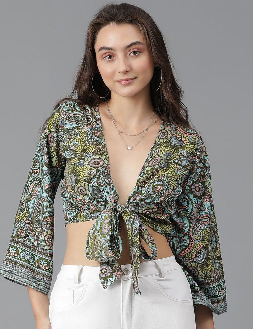 Kotty Print Flared Sleeve Crop Top