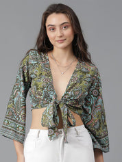Kotty Print Flared Sleeve Crop Top