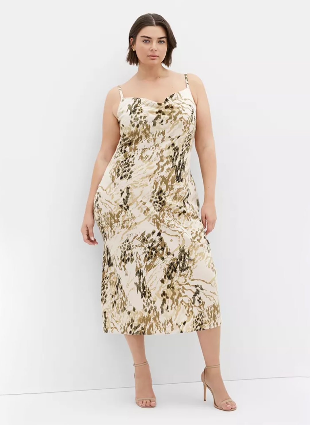 Marble Print Satin Cowl Neck Midi