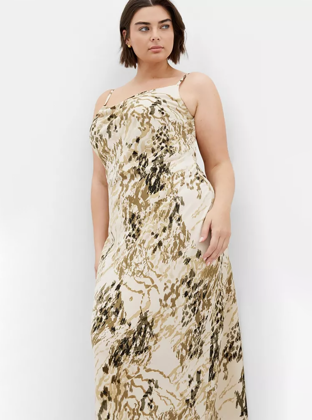 Marble Print Satin Cowl Neck Midi