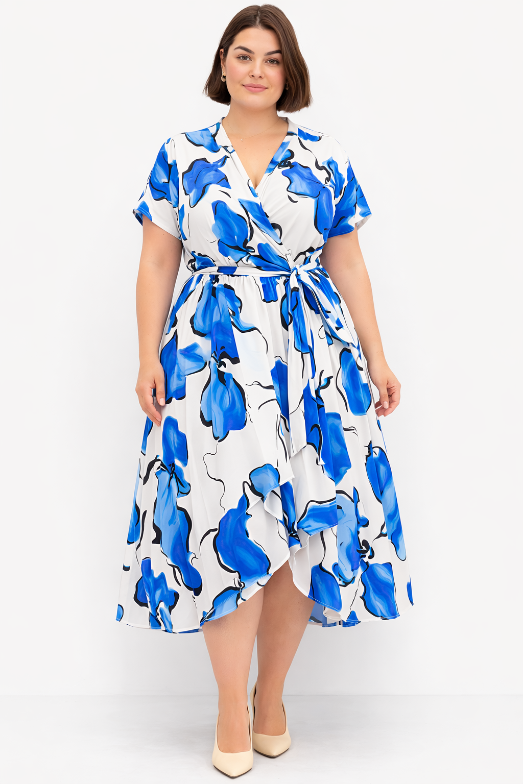 Women Blue Floral Wrap Midi Dress with Belt