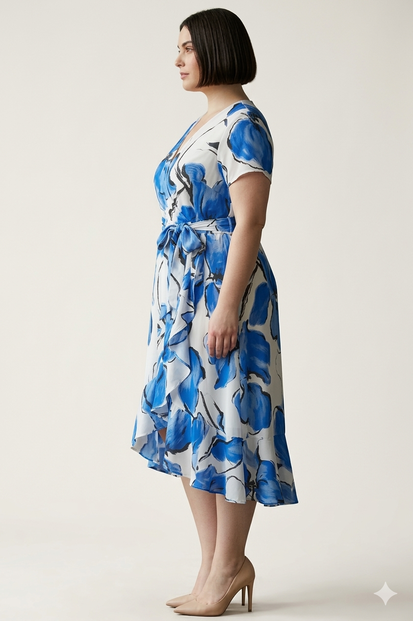 Women Blue Floral Wrap Midi Dress with Belt