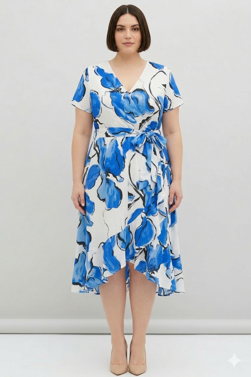 Women Blue Floral Wrap Midi Dress with Belt